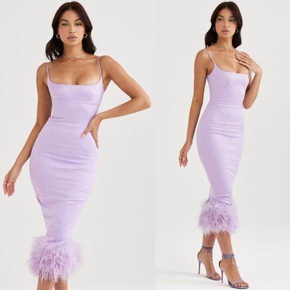 House of CB ‘Helena’ Orchid Satin Midi Dress with Feathered Trim - Picture 3 of 6